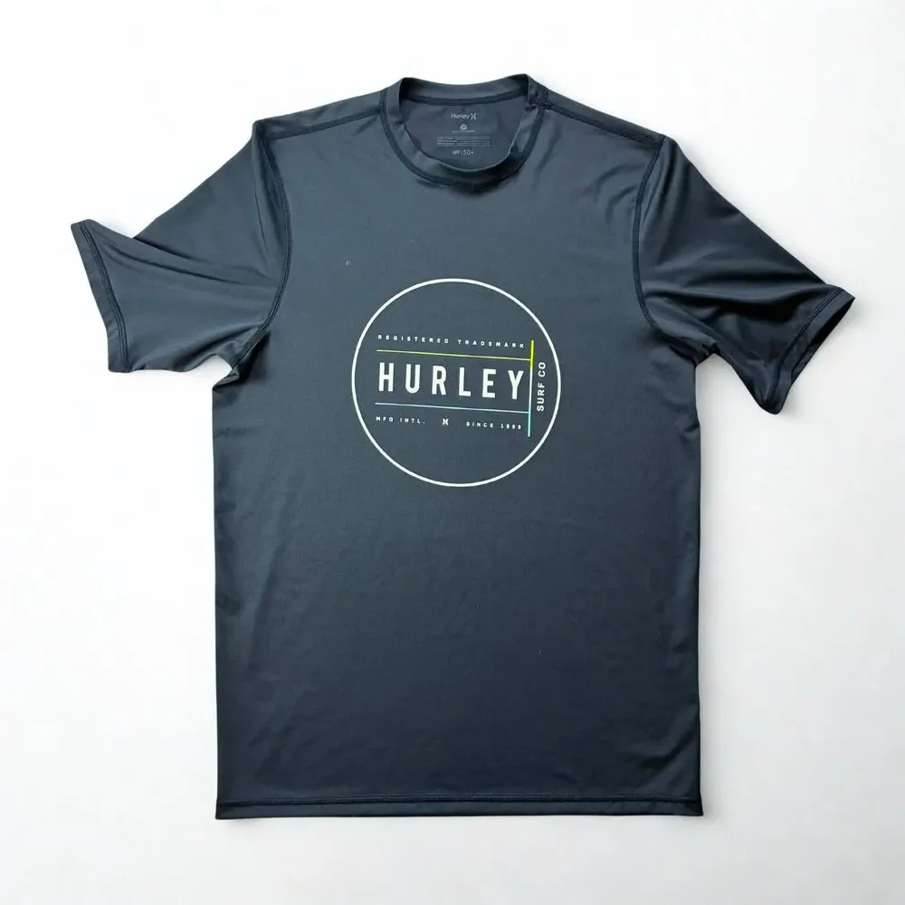 Hurley Rash Guard Mens Small Black UPF 50+ Surf Swim Shirt Short Sleeve Logo